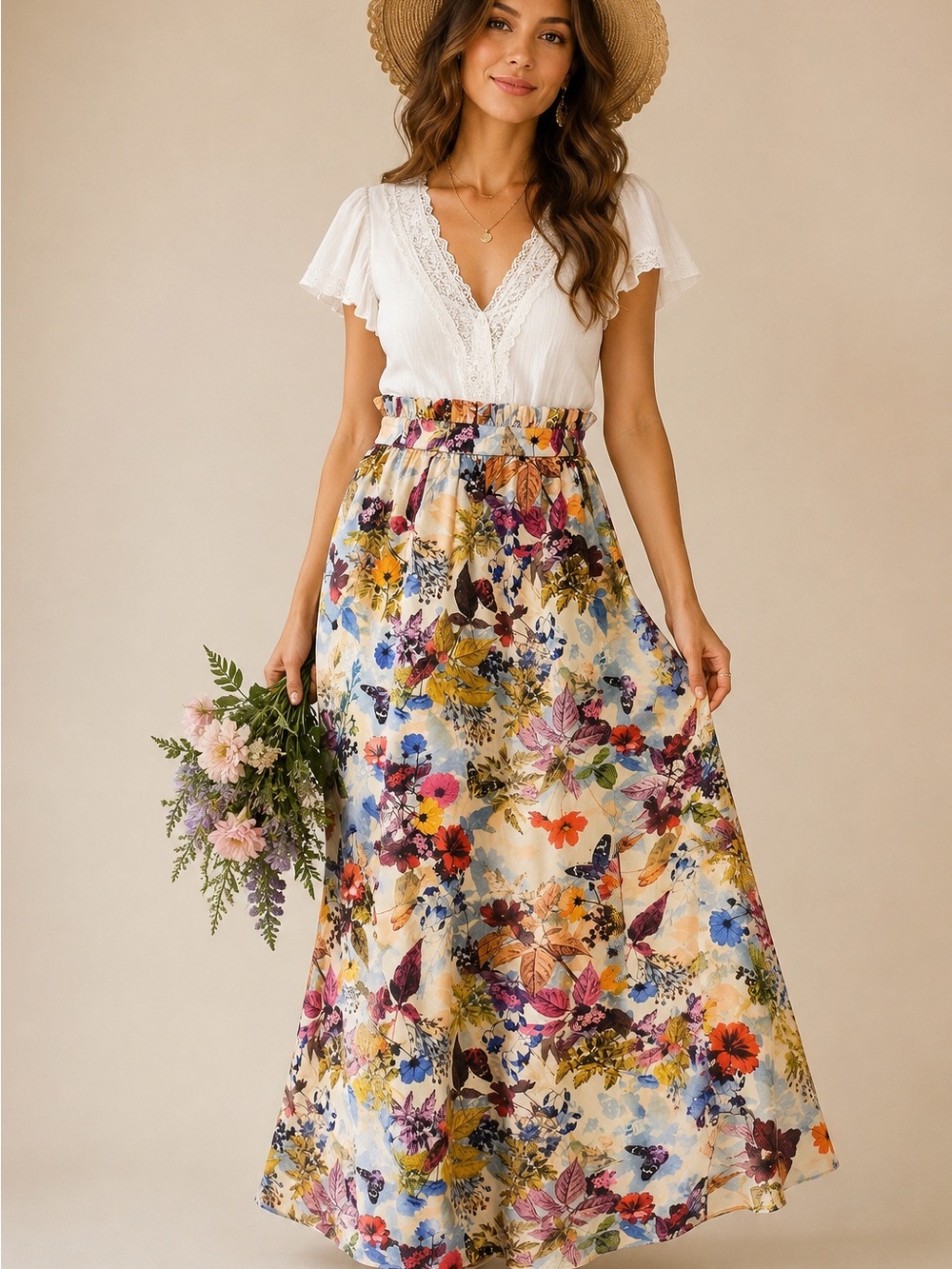 AS by Anna Smith Floral Paperbag Waist Maxi Skirt Boho Cottagecore